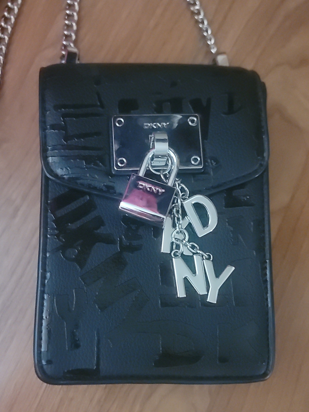 DKNY Black Embossed Leather Crossbody with Silver Charm Lock n Chain Strap